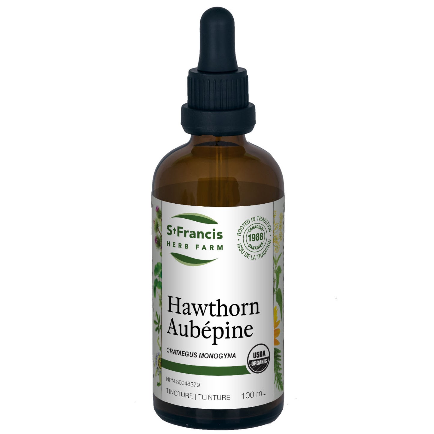 A bottle of Hawthorn tincture by St. Francis Herb Farm, with a label indicating the product name and dosage information.