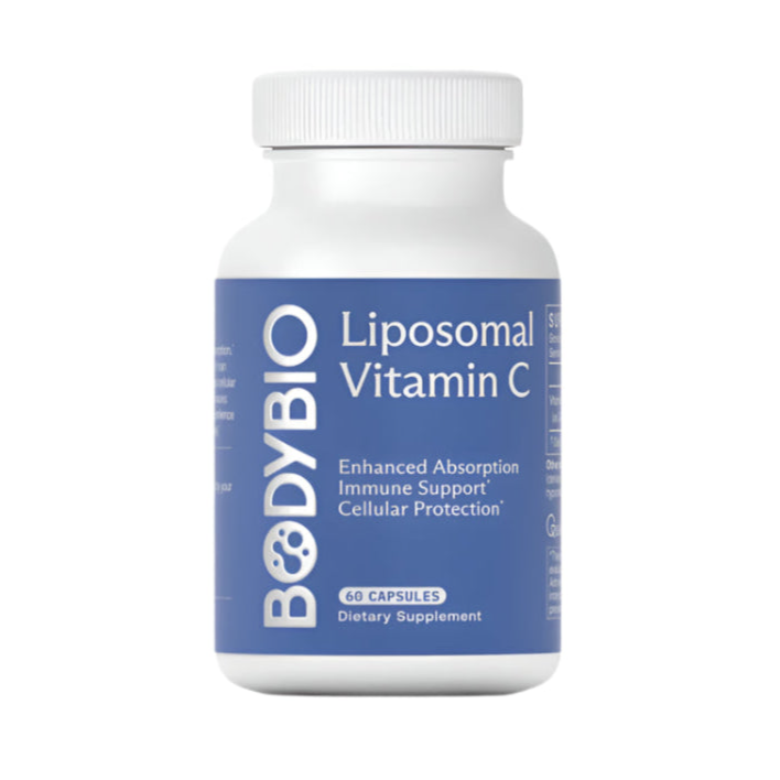 A bottle of BodyBio Liposomal Vitamin C with 60 capsules, labeled as a dietary supplement that supports immune health.