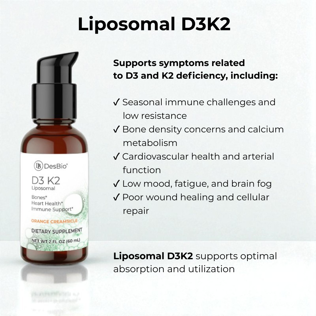DesBio Liposomal D3K2 supplement bottle with text on benefits on a white background