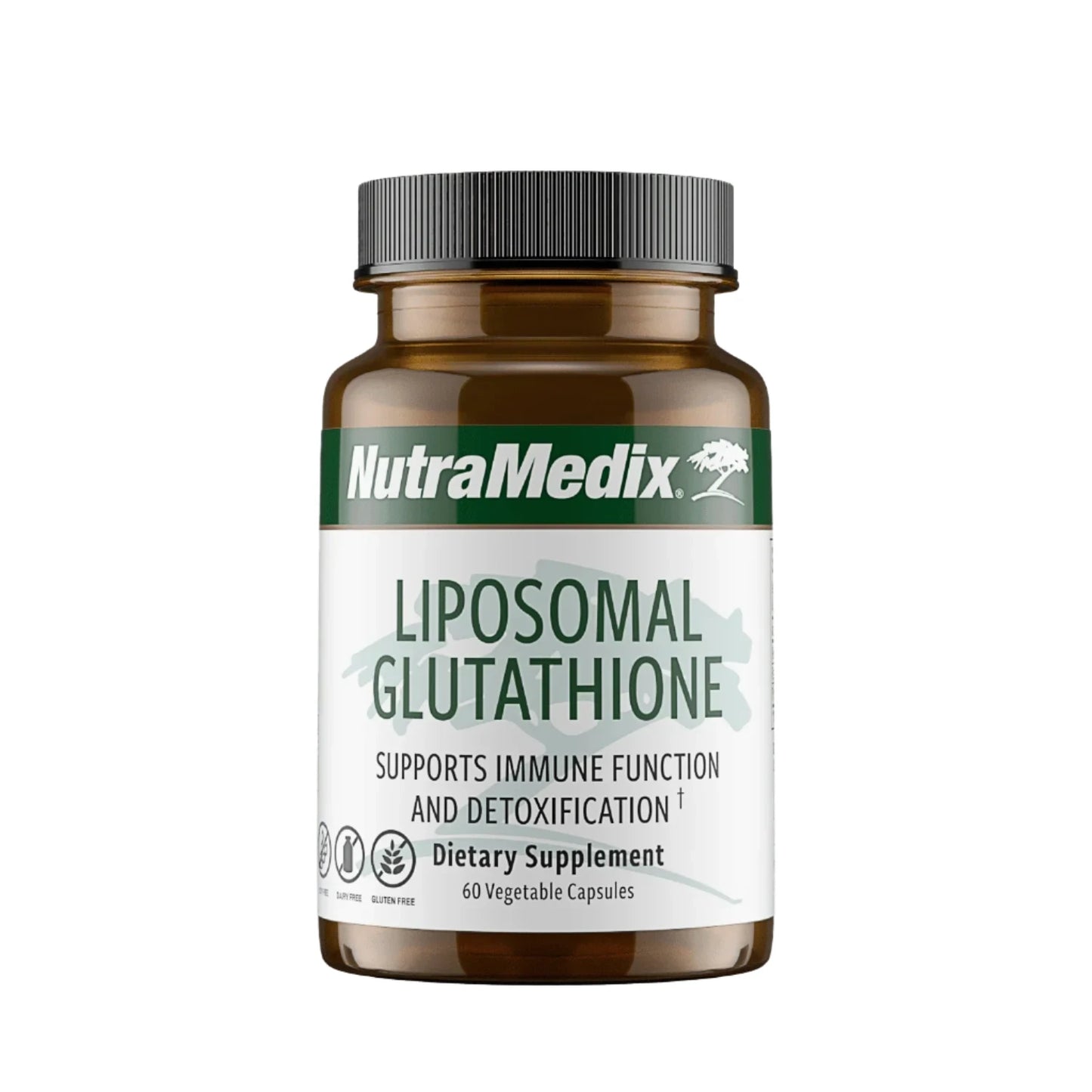 A bottle of NutraMedix Liposomal Glutathione dietary supplement with 45 vegetable capsules, emphasizing immune function and detoxification.