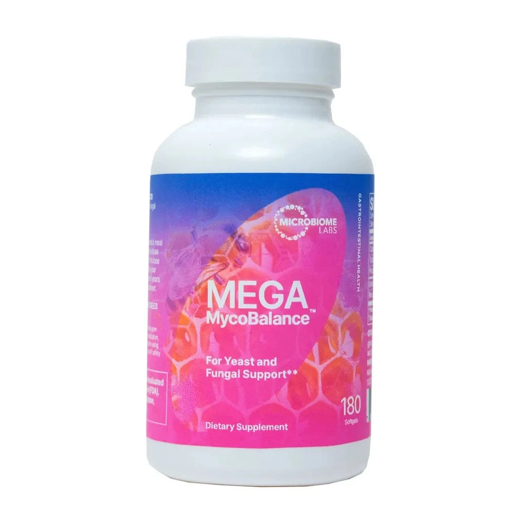 A bottle of MegaMycoBalance dietary supplement by Microbiome Labs, for yeast and fungal support, with a label featuring a bee graphic.