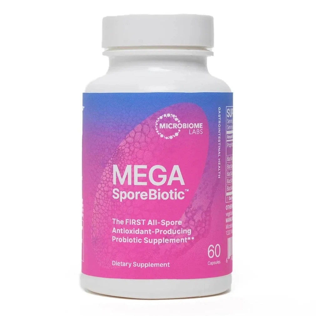 A bottle of MegaSporeBiotic supplement with a label showing the brand and product name, along with the number of capsules and the statement 'The FIRST all-spore antioxidant-producing probiotic supplement'.