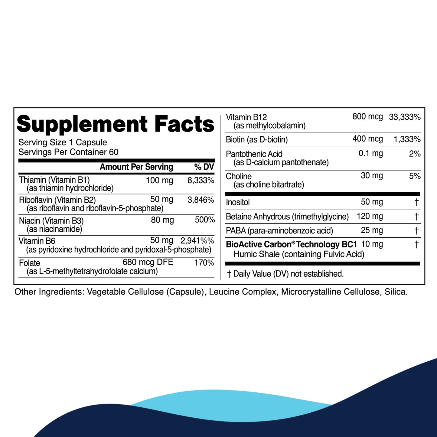 Supplement facts label with detailed vitamin and mineral content.