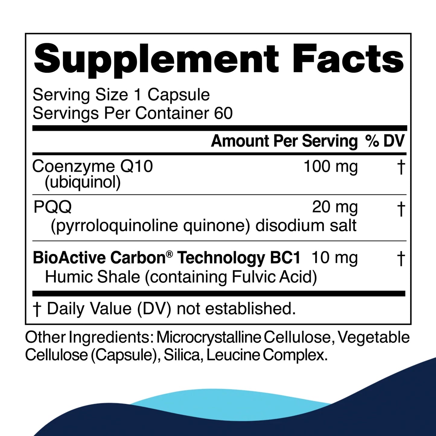 Supplement facts label with Coenzyme Q10, PQQ, and BioActive Carbon Technology BC1 on a white background.