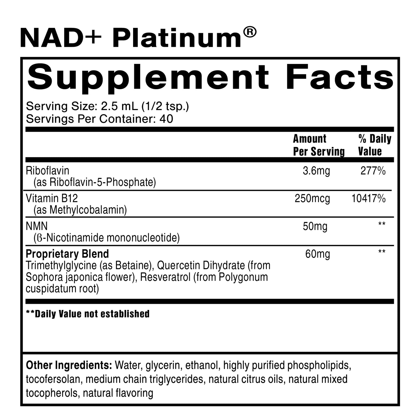 Supplement facts label for NAD+ Platinum supplement
