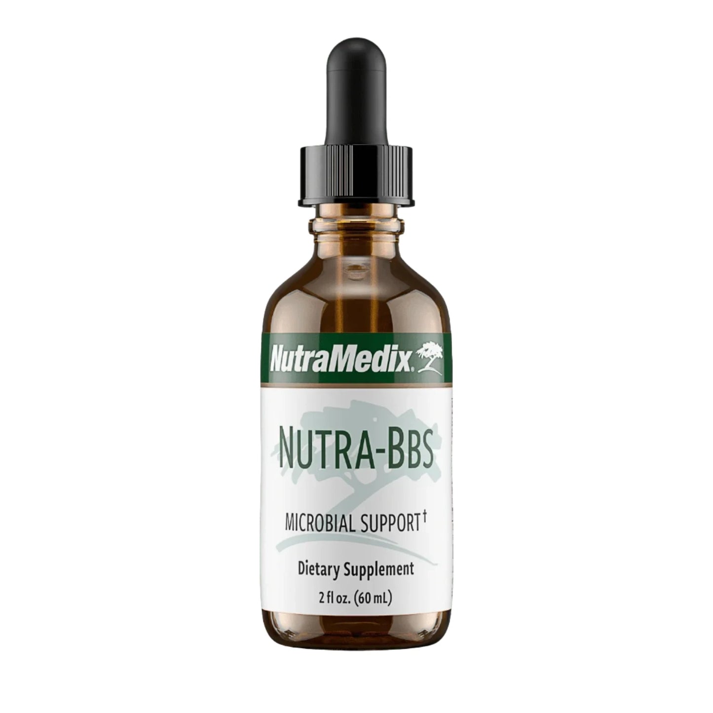 A bottle of Nutra-BBS Microsorb dietary supplement by Nutramedix, which is designed for microbial support. The bottle is 2 oz and has a dropper for dosage.
