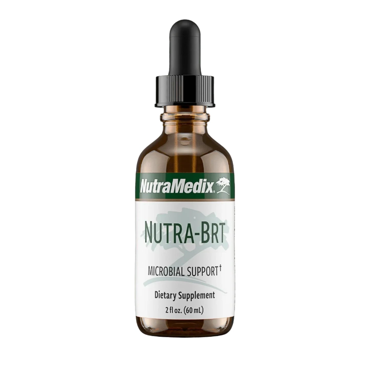 A bottle of Nutra-BRT Micrbiological Support dietary supplement by Nutramedix. The bottle is amber-colored with a dropper and the label indicates it is a dietary supplement with 29.