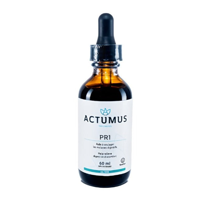 A bottle of Actumus PR1, with a capacity of 60 ml, primarily for digestive health.