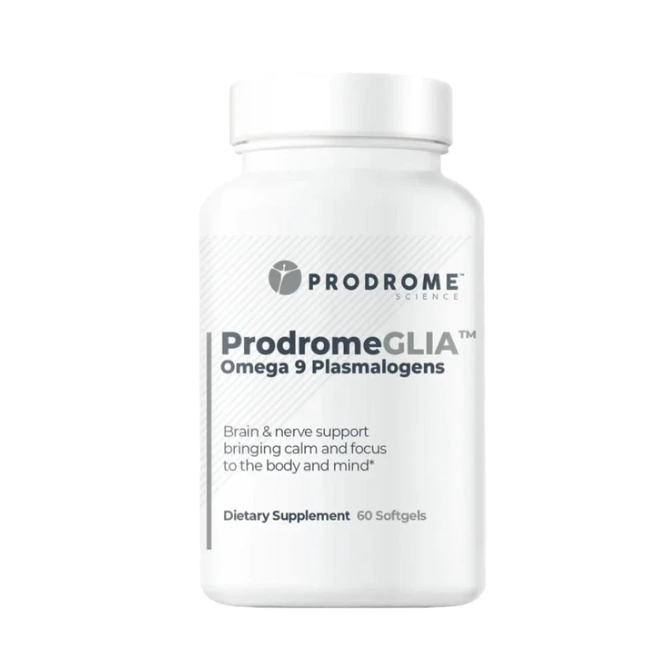 A bottle of ProdromeGlia Omega 9 Plasmalogens, which is designed for brain and nerve support. The bottle is white with a label that has the product name and the brand Prodrome.