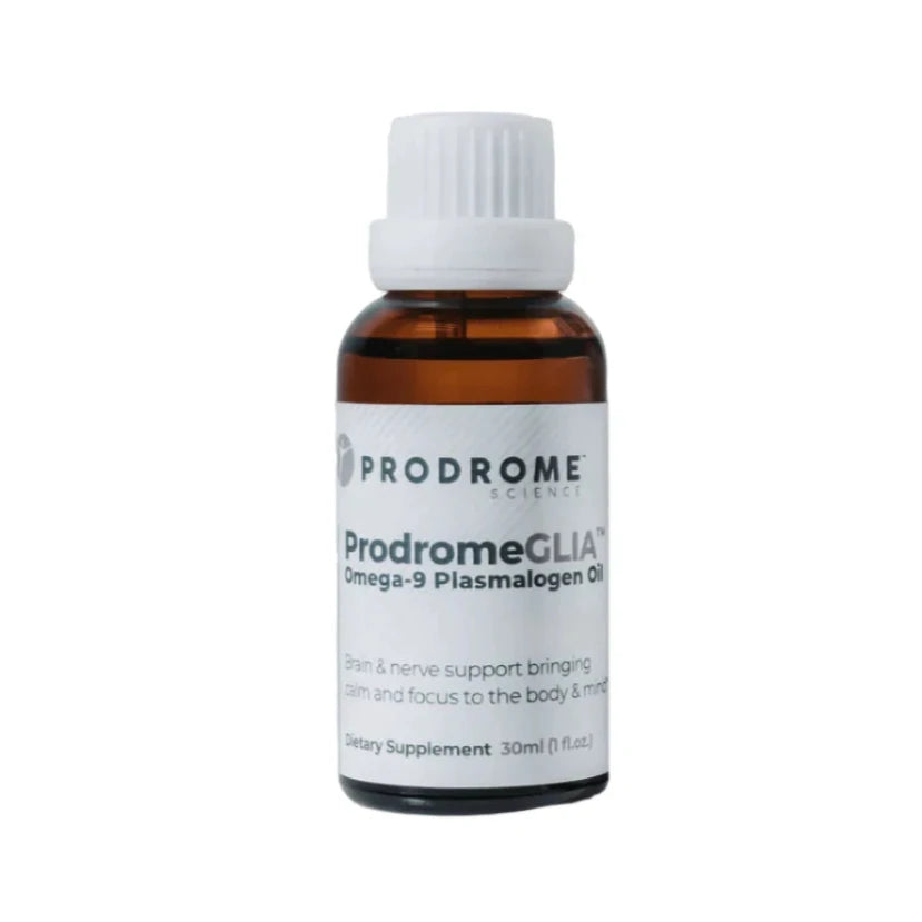 A bottle of ProdromeGlia omega-9 plasmalogen oil, which is designed for brain and nerve support, from the brand Prodrome Science.