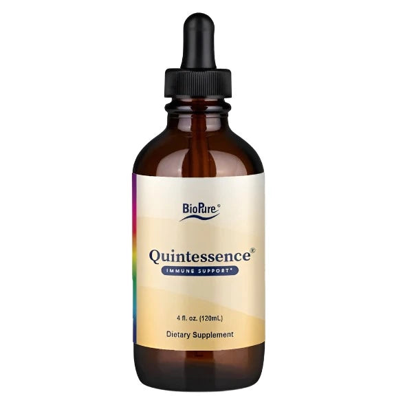 A dark brown bottle with a yellow label 'Quintessence' by BioPure on a white background.