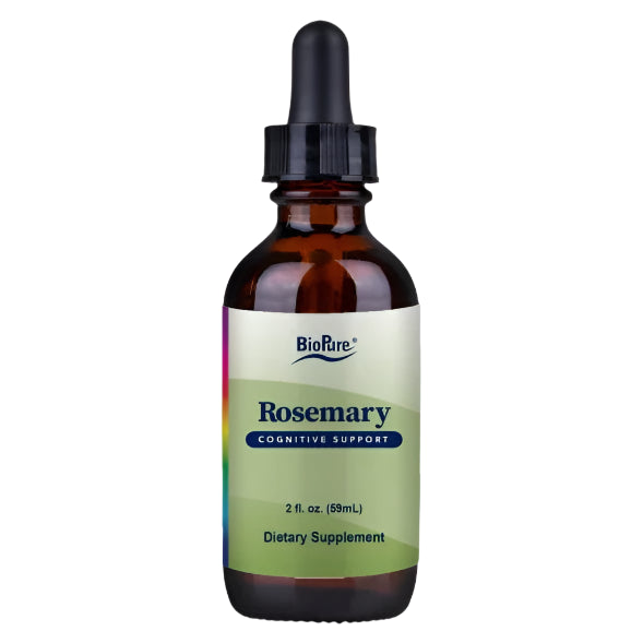 A bottle of Biopure Rosemary dietary supplement with 59 ml volume, labeled for cognitive support.