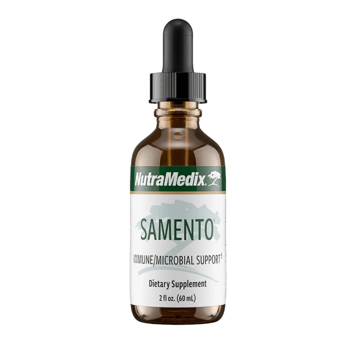 A bottle of Nutramedix Samento dietary supplement, 2 oz size, labeled as an immune support supplement.