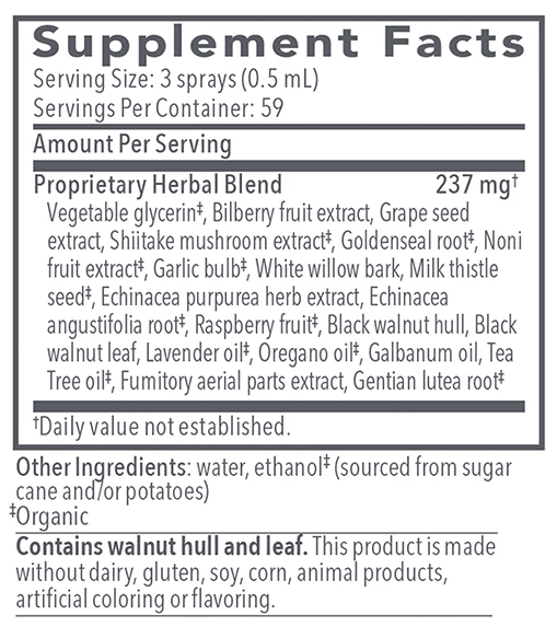 Supplement facts label with proprietary herbal blend ingredients.