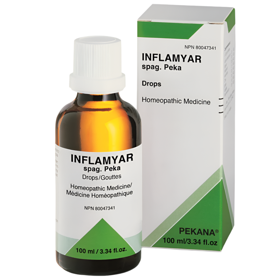 A bottle of INFLAMYAR (100 ml) with a label that includes the brand name PEKANA and the words 'DROPS' and 'HOMEOPATHIC MEDICINE'. The packaging is primarily white and green with text and a picture of a flower.