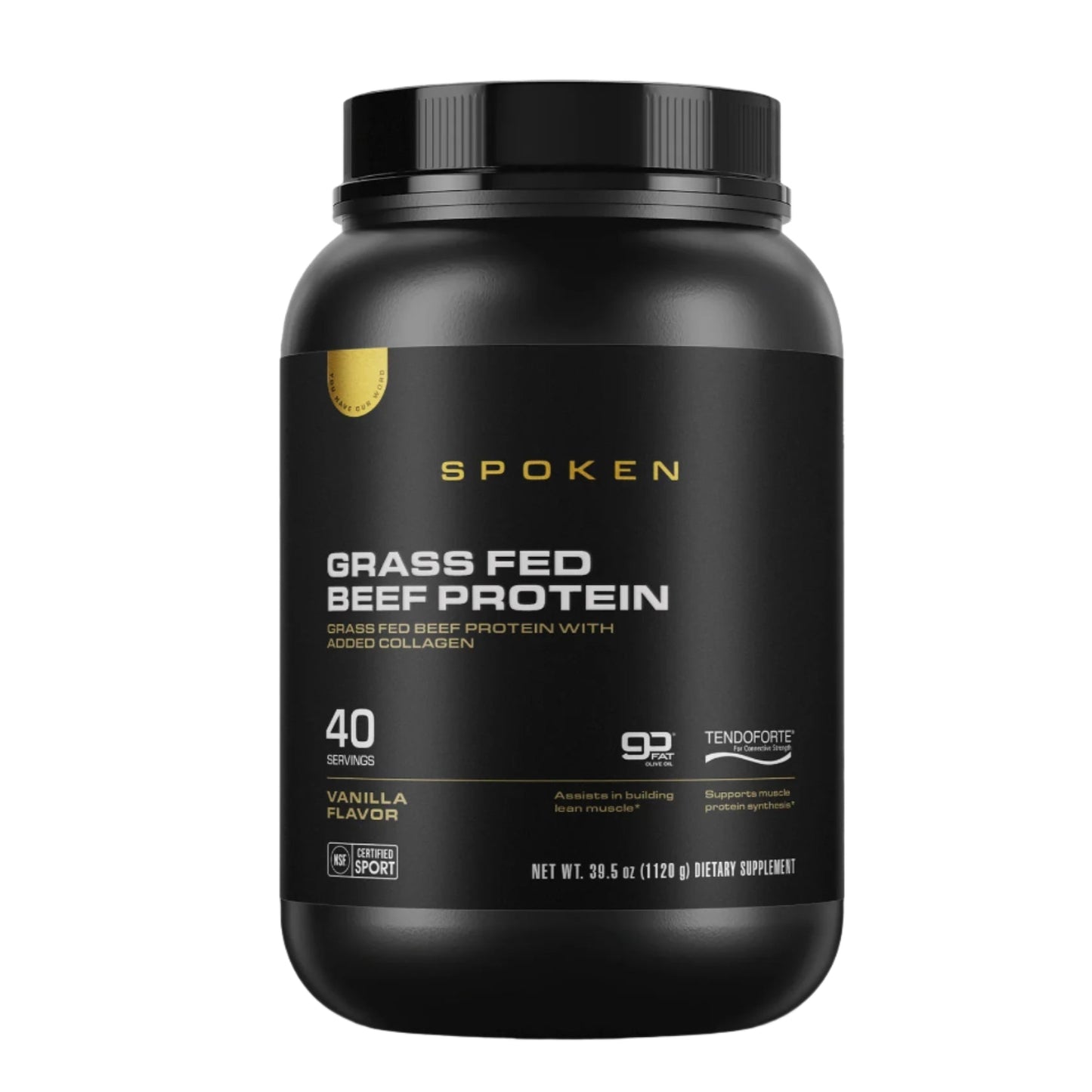 Spoken Grass Fed Beef Protein container on a white background