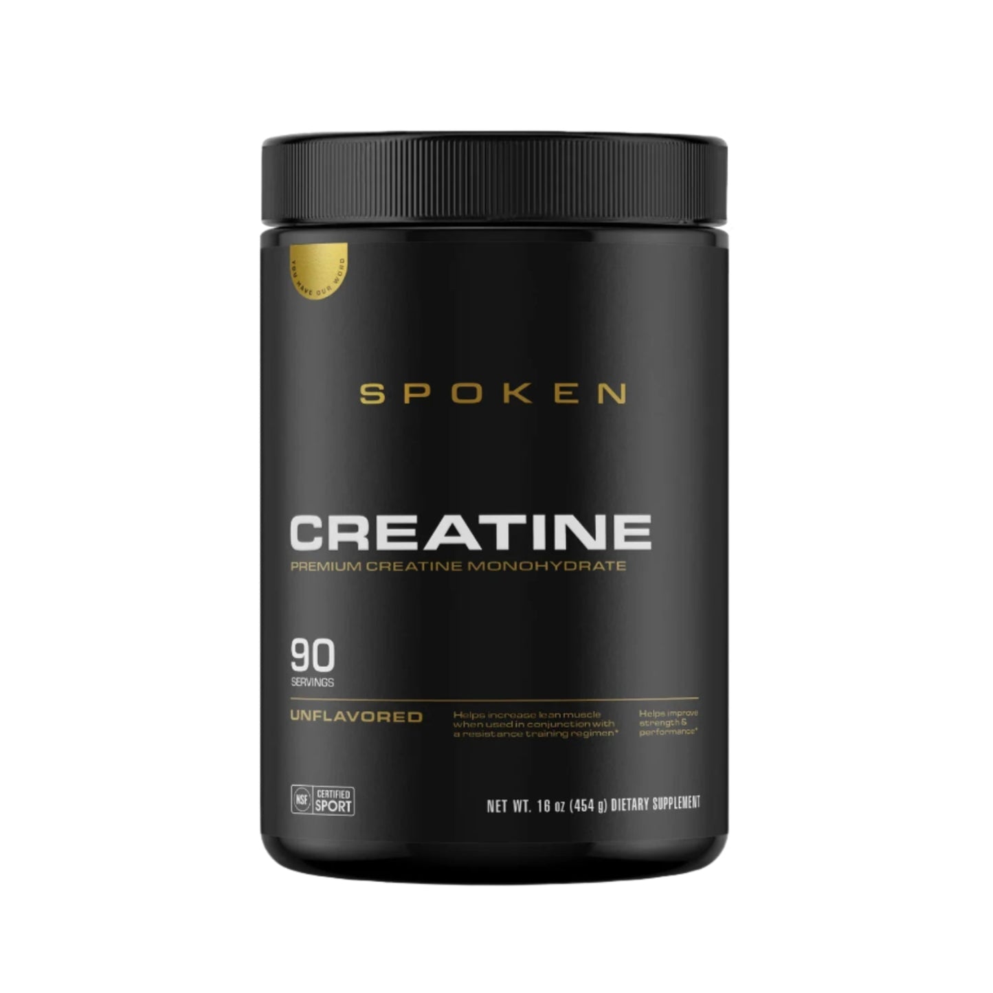 Spoken Creatine supplement container on a white background