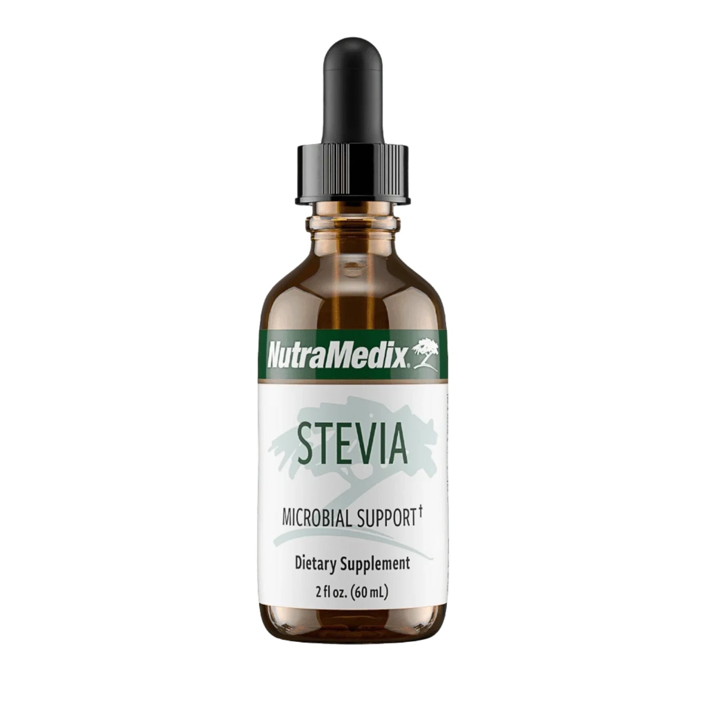 A bottle of Nutramedix Stevia Microbial Support dietary supplement, 2 oz size.