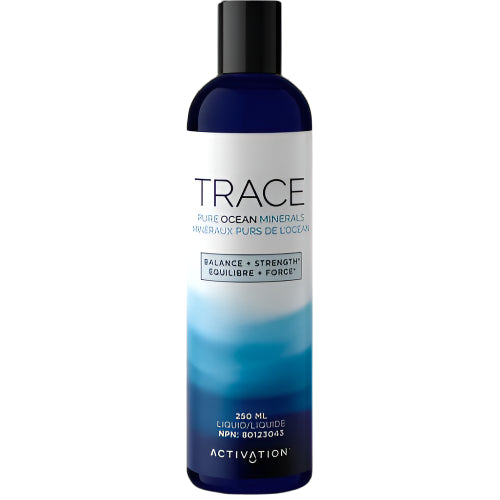 A bottle of Trace Ocean Minerals dietary supplement, with a label indicating it contains 250ml of liquid and is a product of Activation.