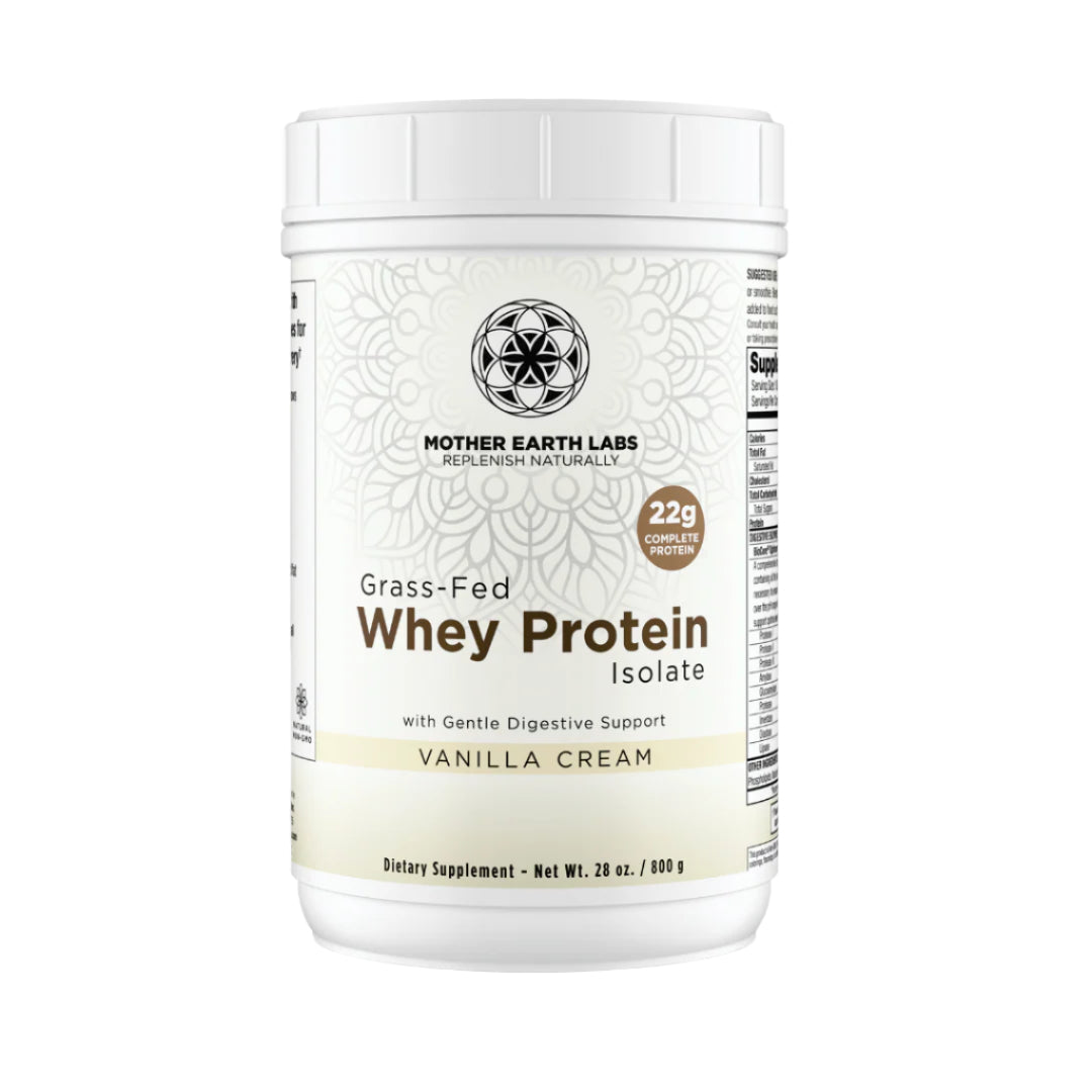 Container of Mother Earth Labs Grass-Fed Whey Protein Isolate Vanilla Cream on a white background.