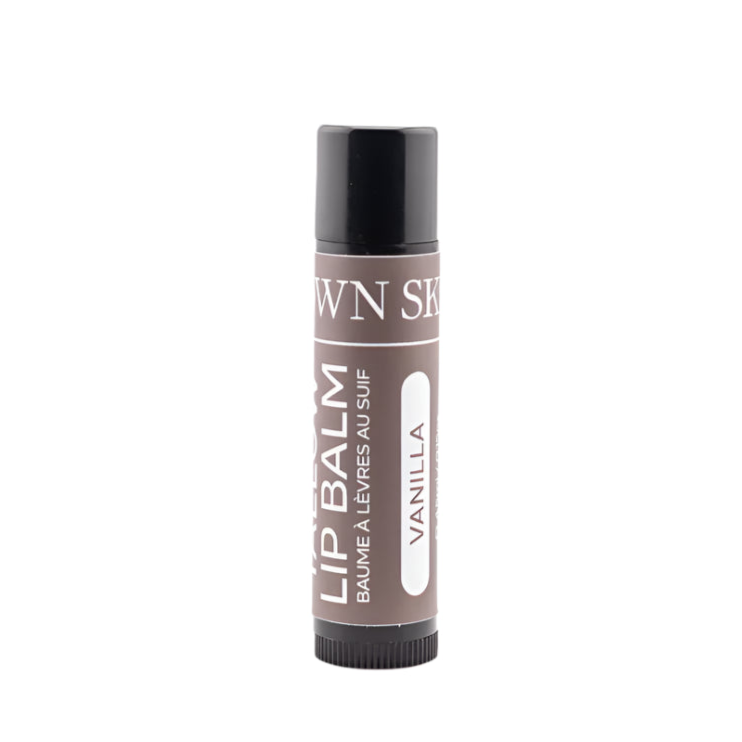 Lip balm with vanilla flavor on a white background