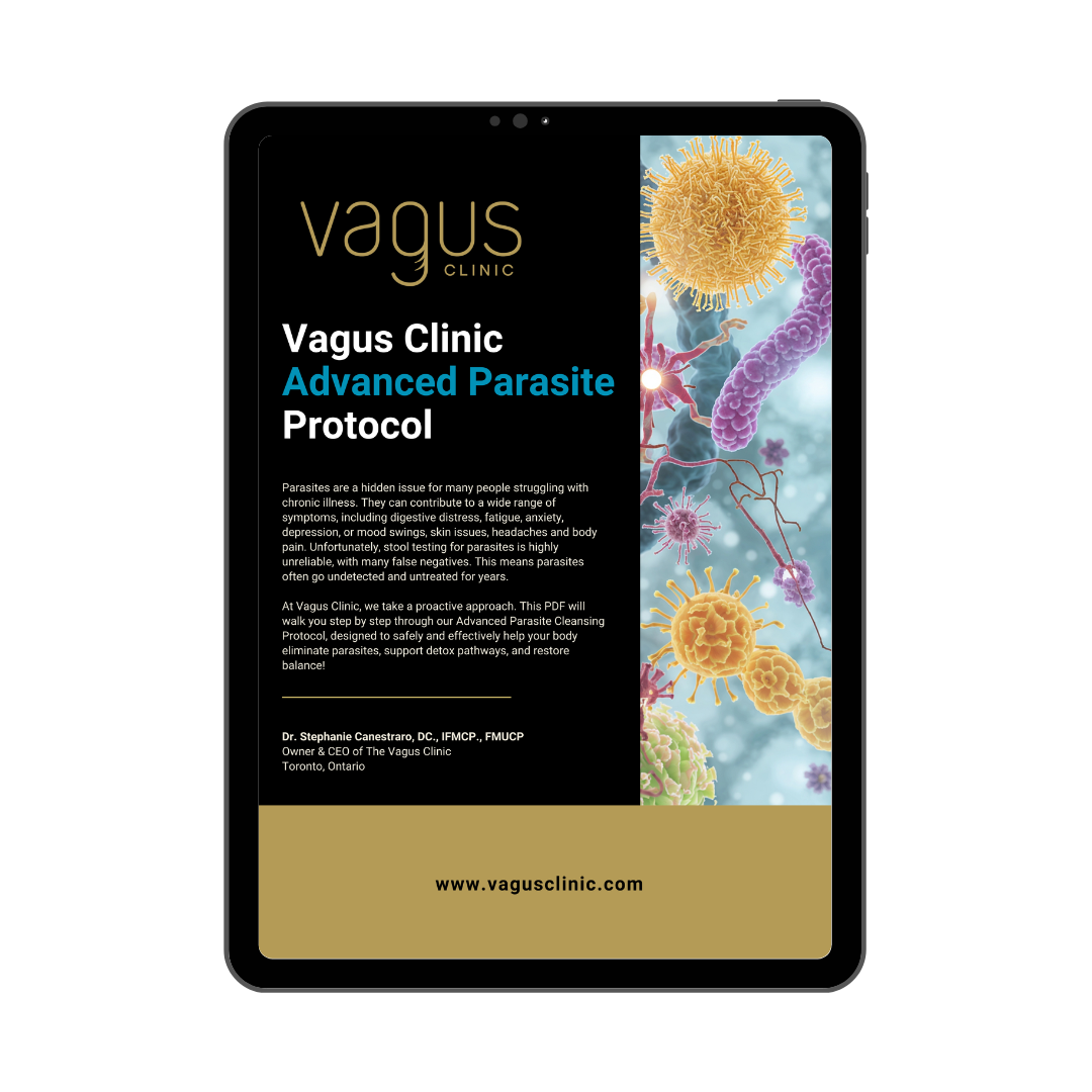 Tablet displaying the Vagus Clinic Advanced Parasite Protocol on a white background