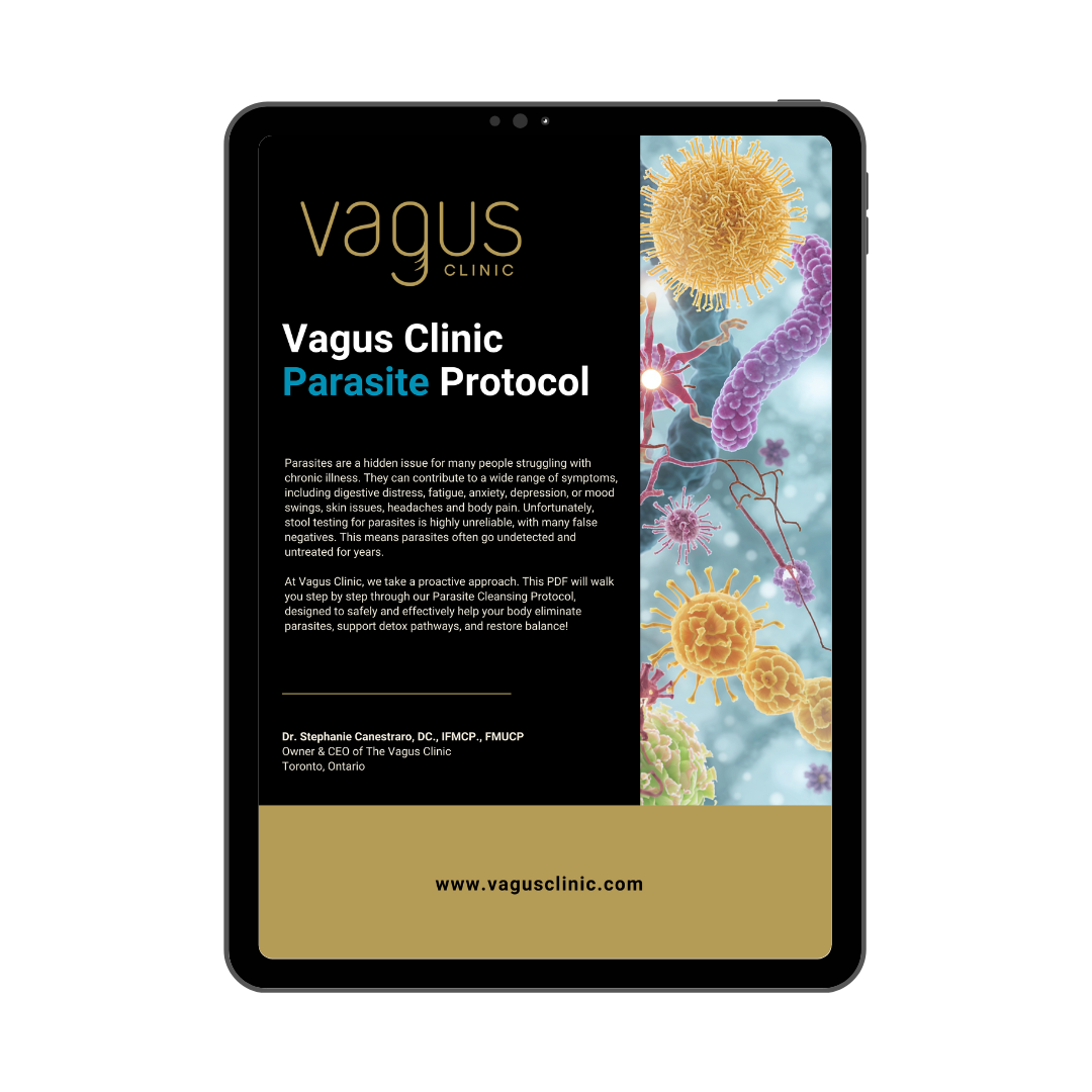 Tablet displaying the Vagus Clinic Parasite Protocol on a white background