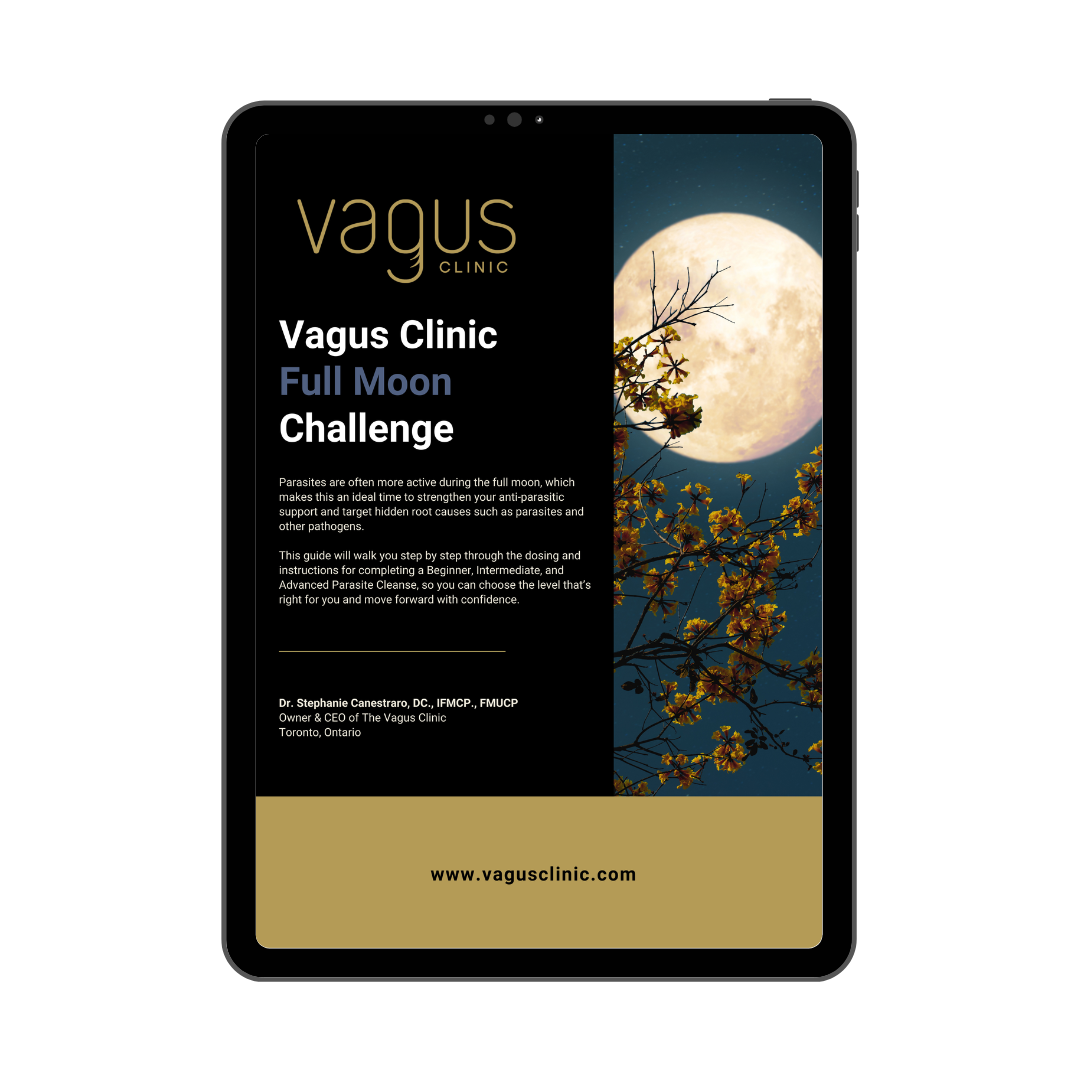 Tablet displaying the Vagus Clinic Full Moon Challenge on a white background