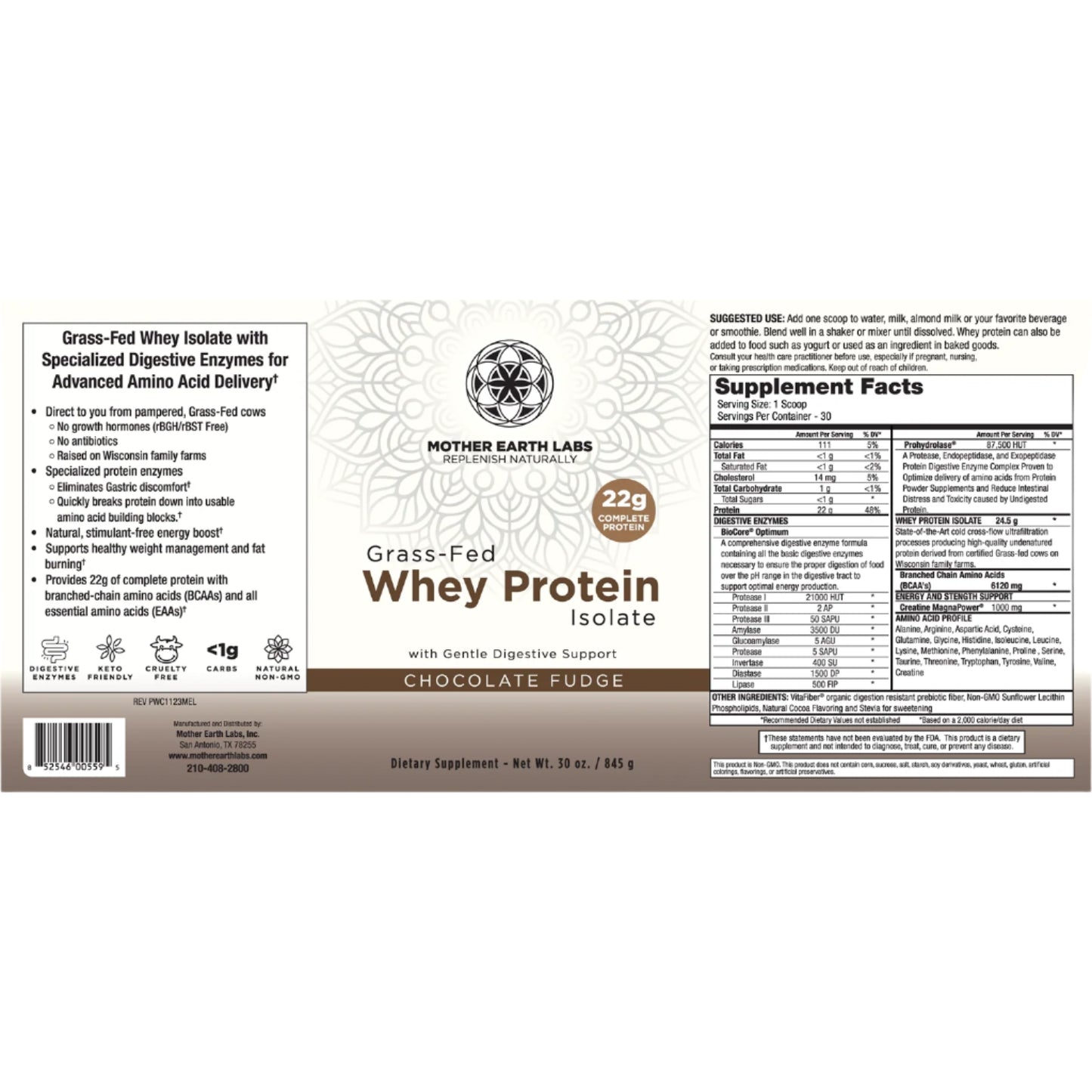 Label of Mother Earth Labs Grass-Fed Whey Protein Isolate in Chocolate Fudge flavor on a white background.