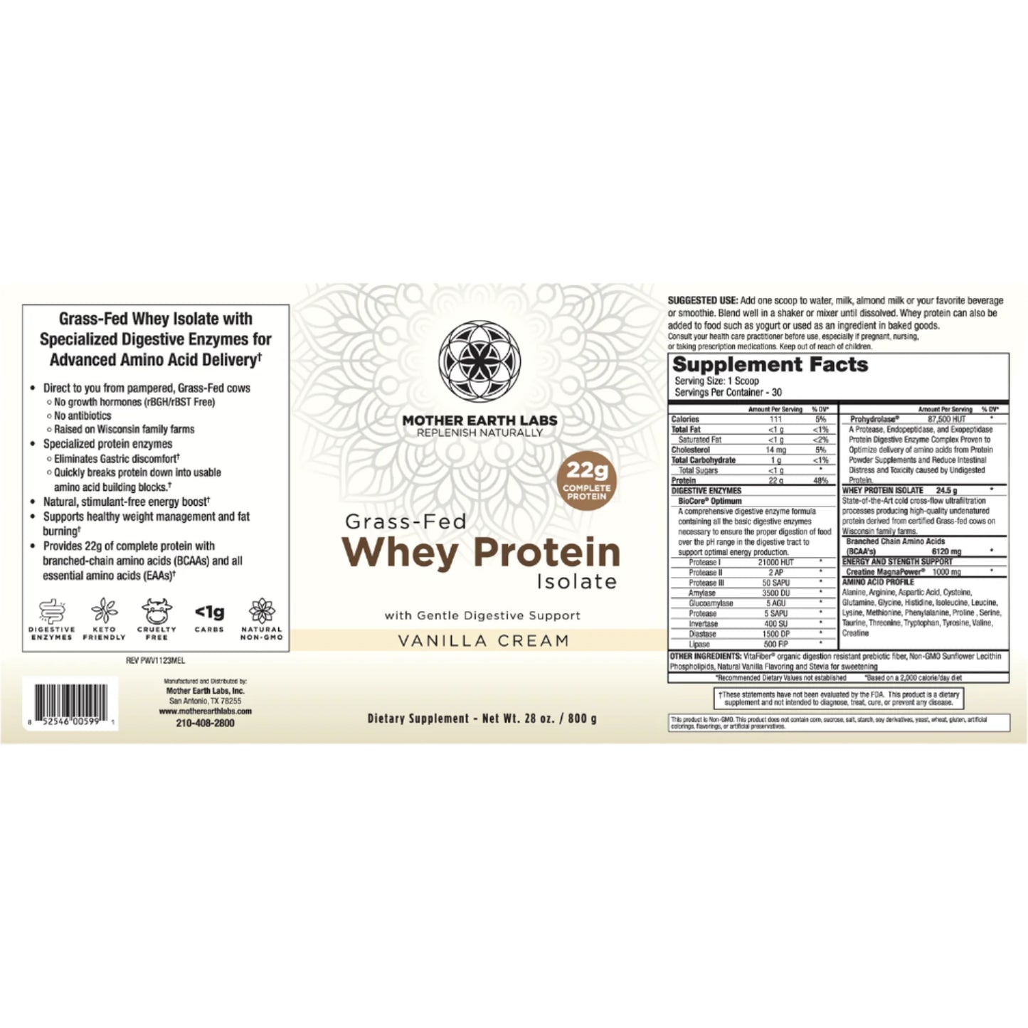 Label of Mother Earth Labs Grass-Fed Whey Protein Isolate Vanilla Cream on a white background.