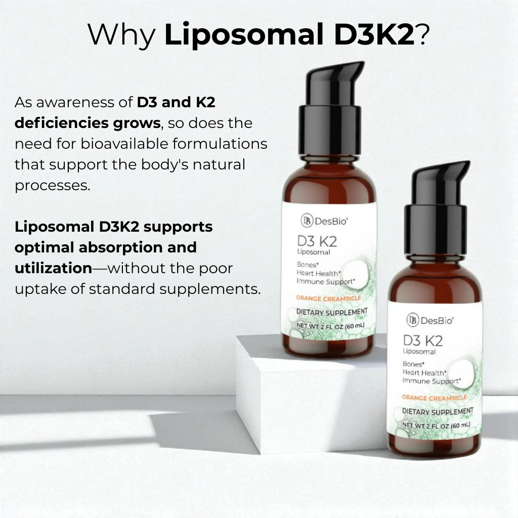 Two bottles of DesBio D3 K2 liposomal supplement on a white background with text about its benefits.