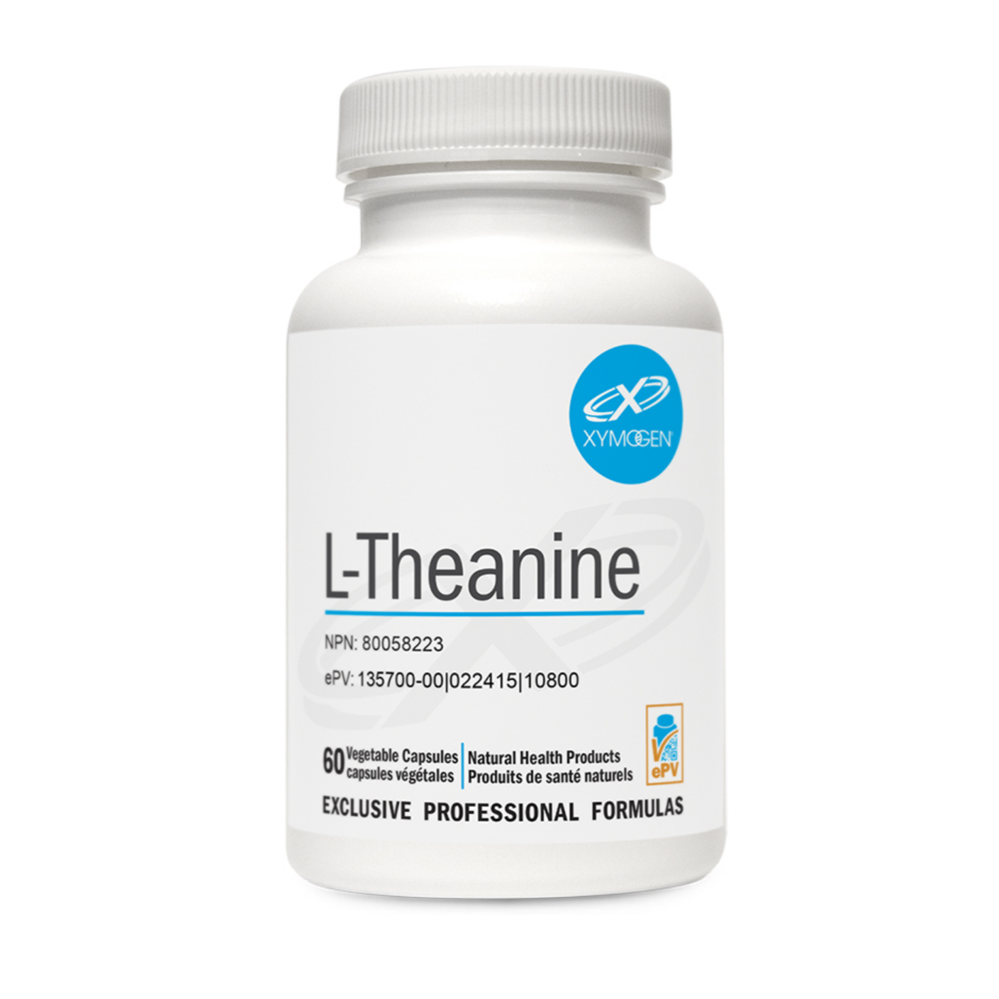 A white pill bottle labeled 'L-Theanine' with the brand XYMOGEN visible on the label. The text indicates it contains 60 capsules.