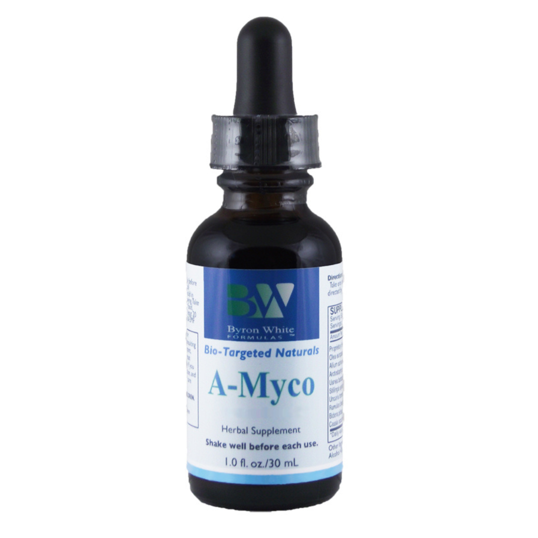 A bottle of 'A-Myco' herbal supplement by Byron White, with a black cap and a label that includes the brand name and the word 'immune support'.
