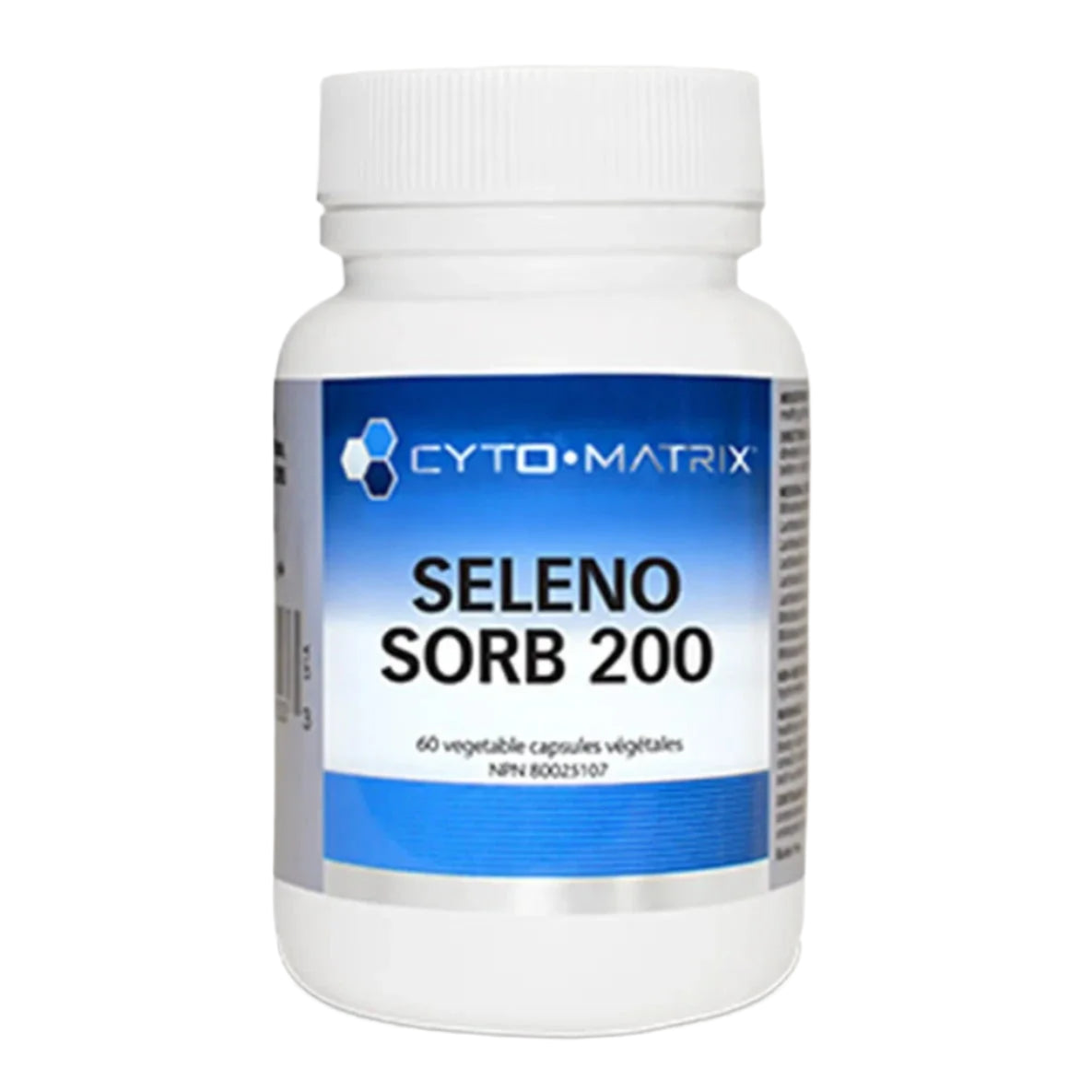 A bottle of Cyto-Matrix Selegno Sorb 200 supplements with blue label, containing 60 vegetable capsules.