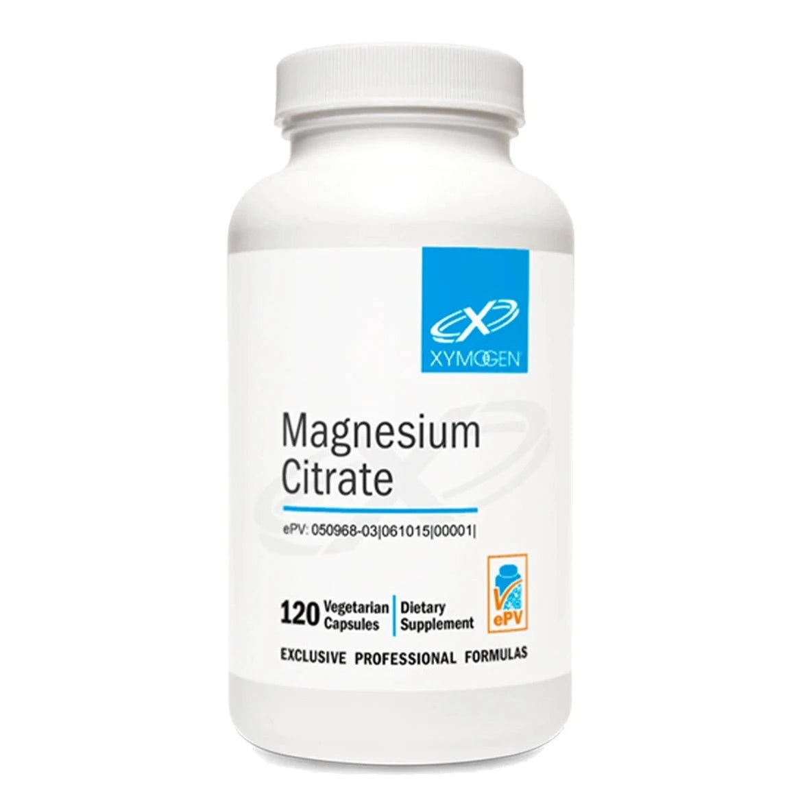 A while bottle labelled 'Magnesium Citrate' by Xymogen on a white background.