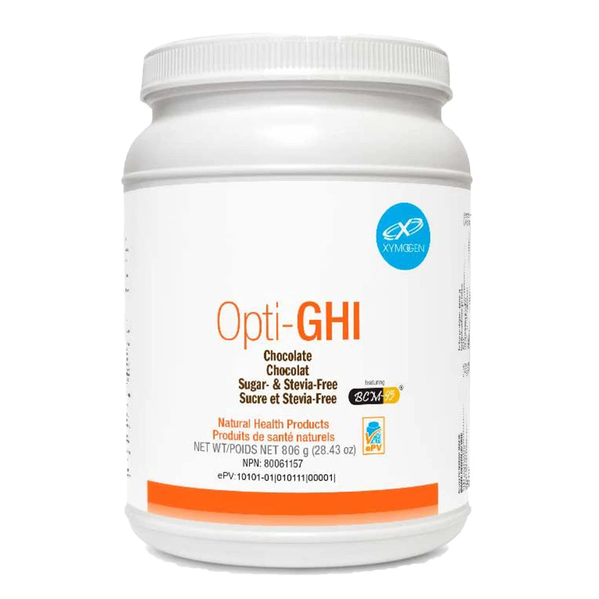 A container of Opti-GHI, which is a chocolate flavored nutritional supplement.