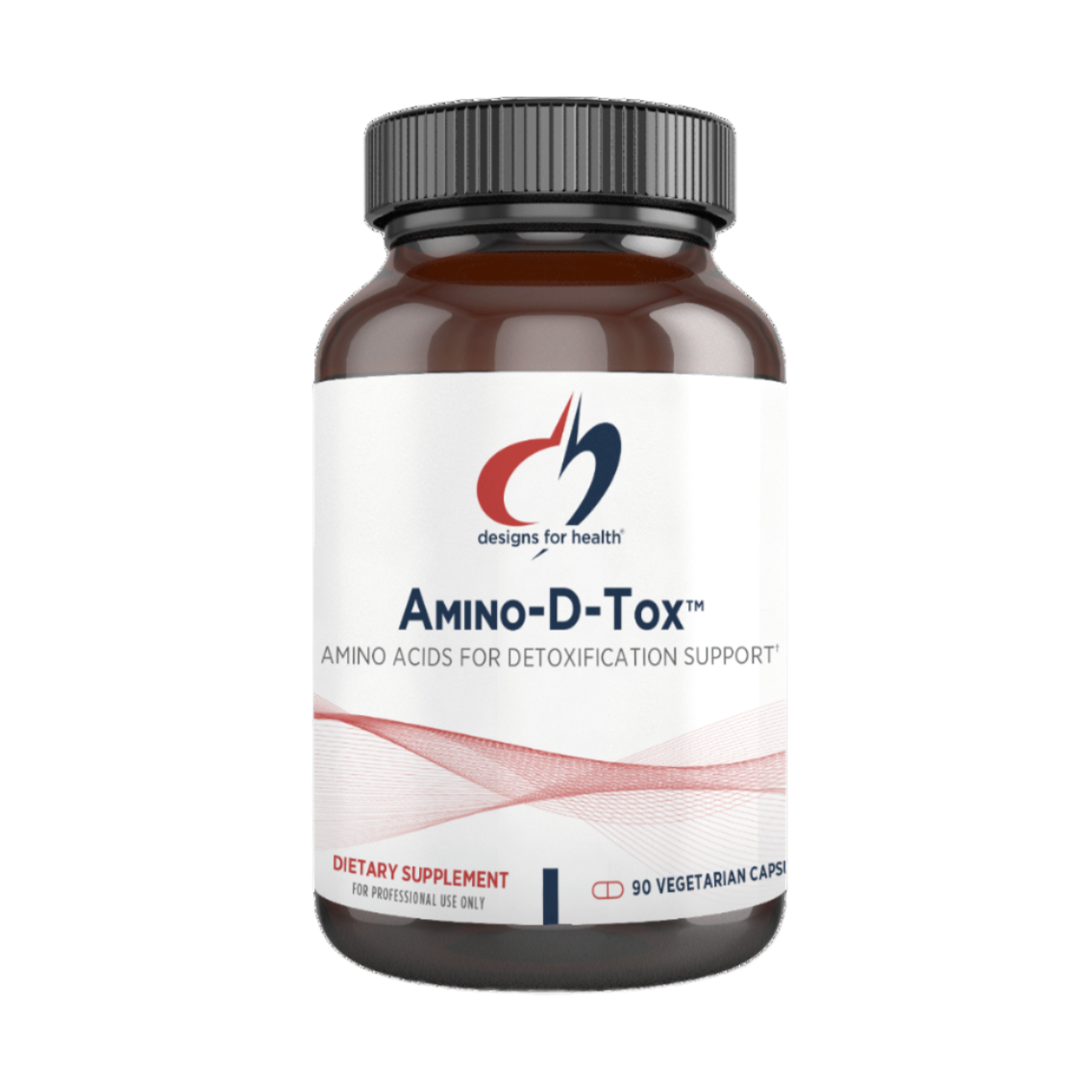 A bottle of Amino-D-Tox, a dietary supplement by Designs for Health, with a label indicating it is an antioxidant for detoxification support, free from soy and gluten.