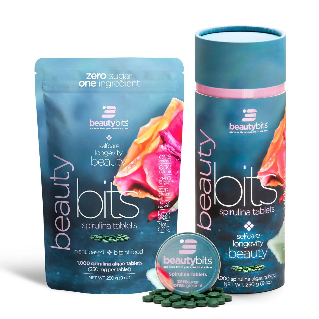 A canister and a packet of BEAUTYbits spirulina algae tablets, with the product's benefits listed and a decorative background.