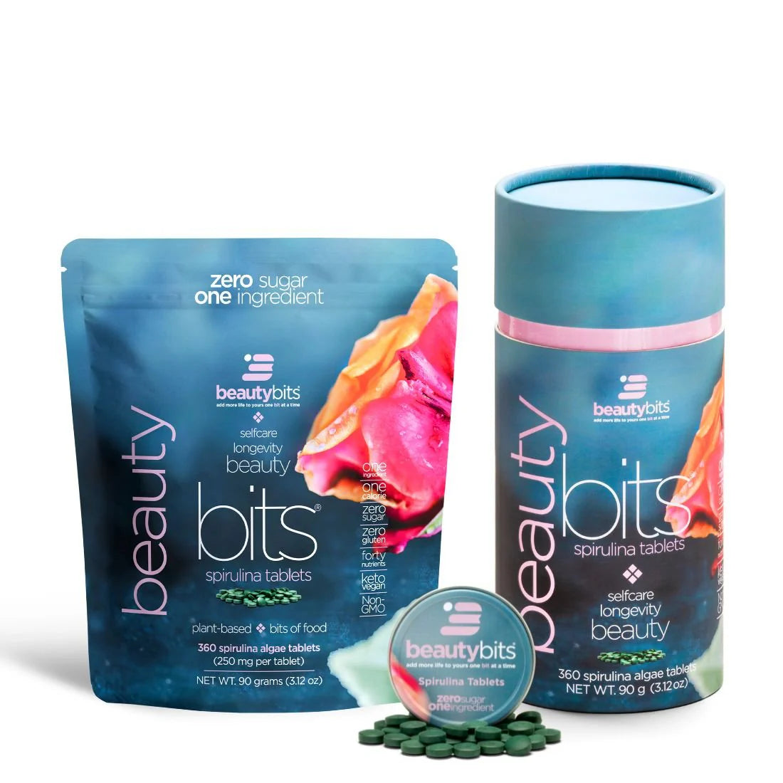 The image shows a product called BEAUTYbits Spirulina, which includes a small canister of spirulina algae tablets and a sachet of the product. The packaging is predominantly blue with images of the spirulina tablets and a flower, highlighting the natural ingredient.