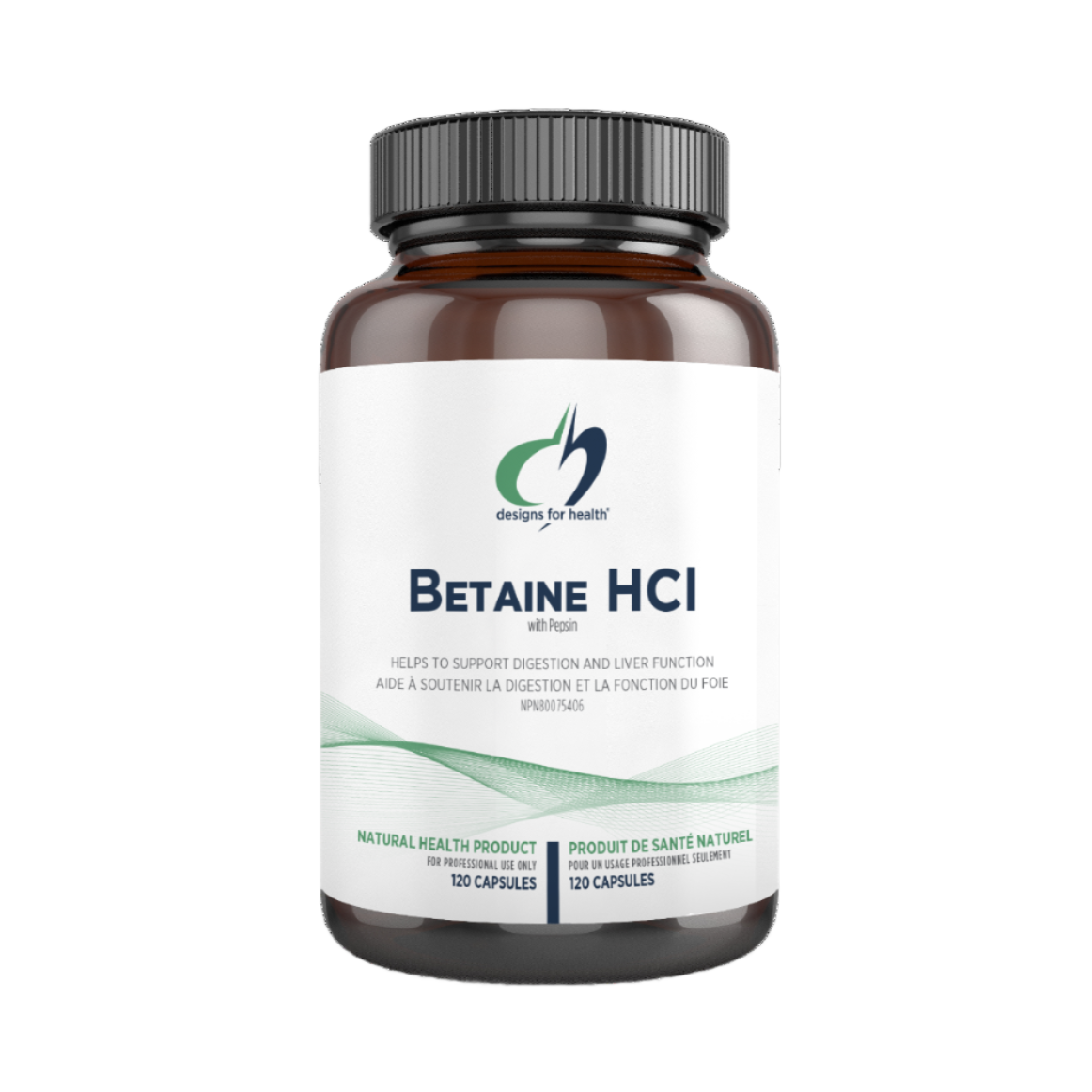 A dark bottle labelled 'Betaine HCL' by Designs for Health on a white background.