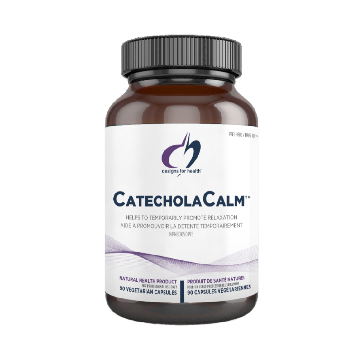 A bottle of CatecholaCalm, a dietary supplement product, with a label indicating it contains 90 capsules and is designed for healthy catecholamine levels with adaptogenic herbs and nutrients.
