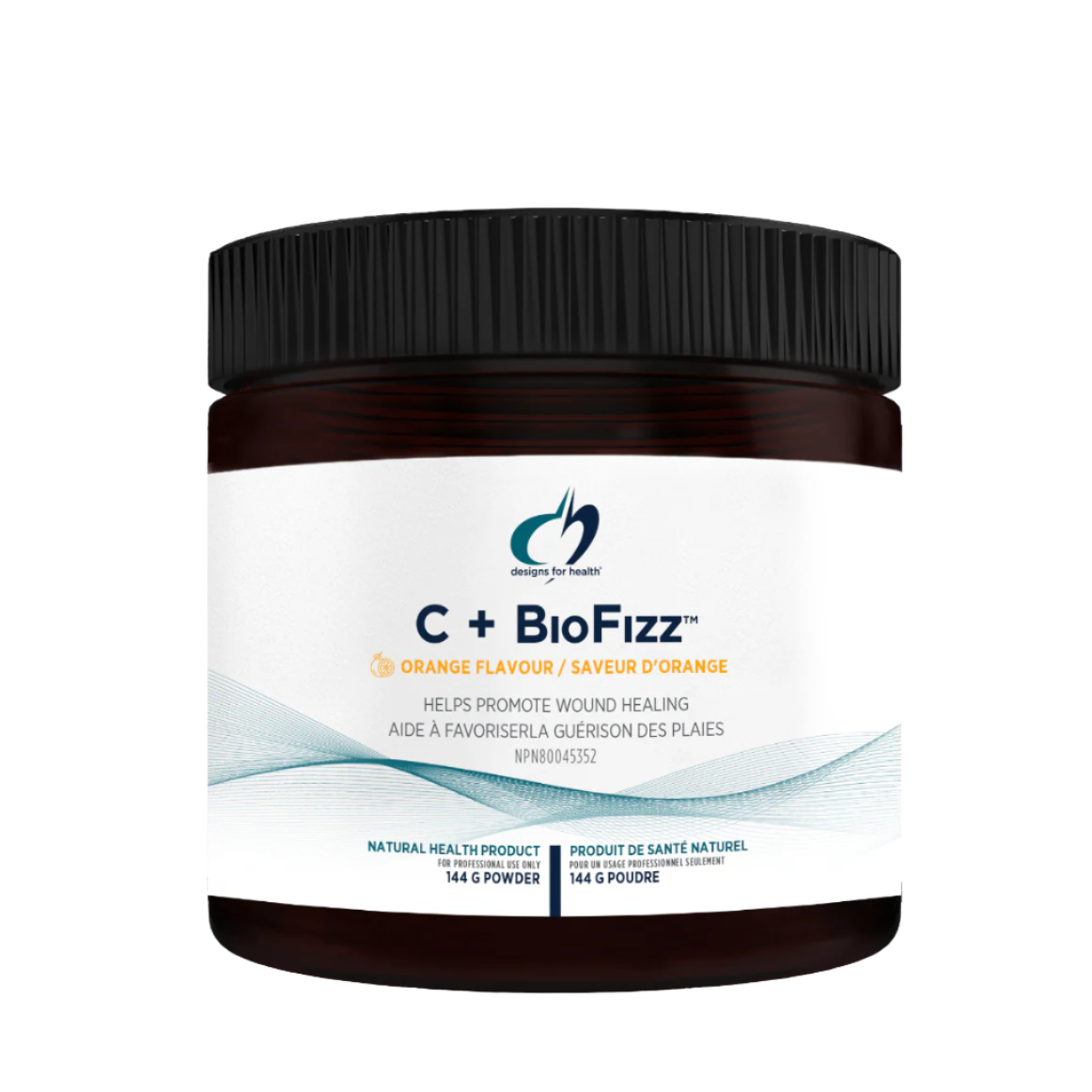 A jar of C+BioFizz, an orange flavored powder supplement with a label indicating it contains vitamin C and bioflavonoids.