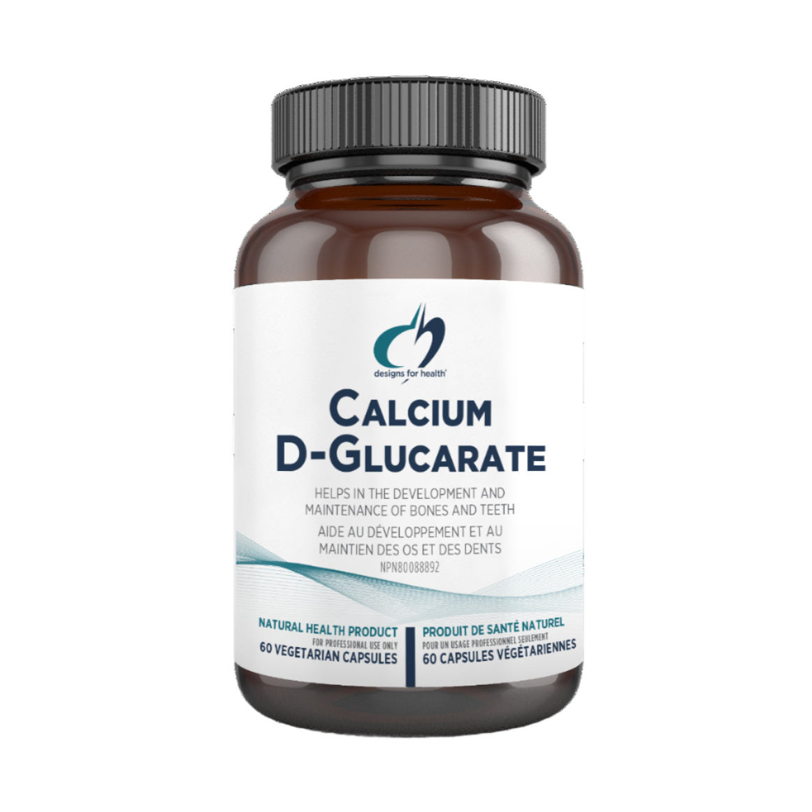 A dark bottle labelled 'Calcium D-Glucarate' by Designs for Health on a white background.