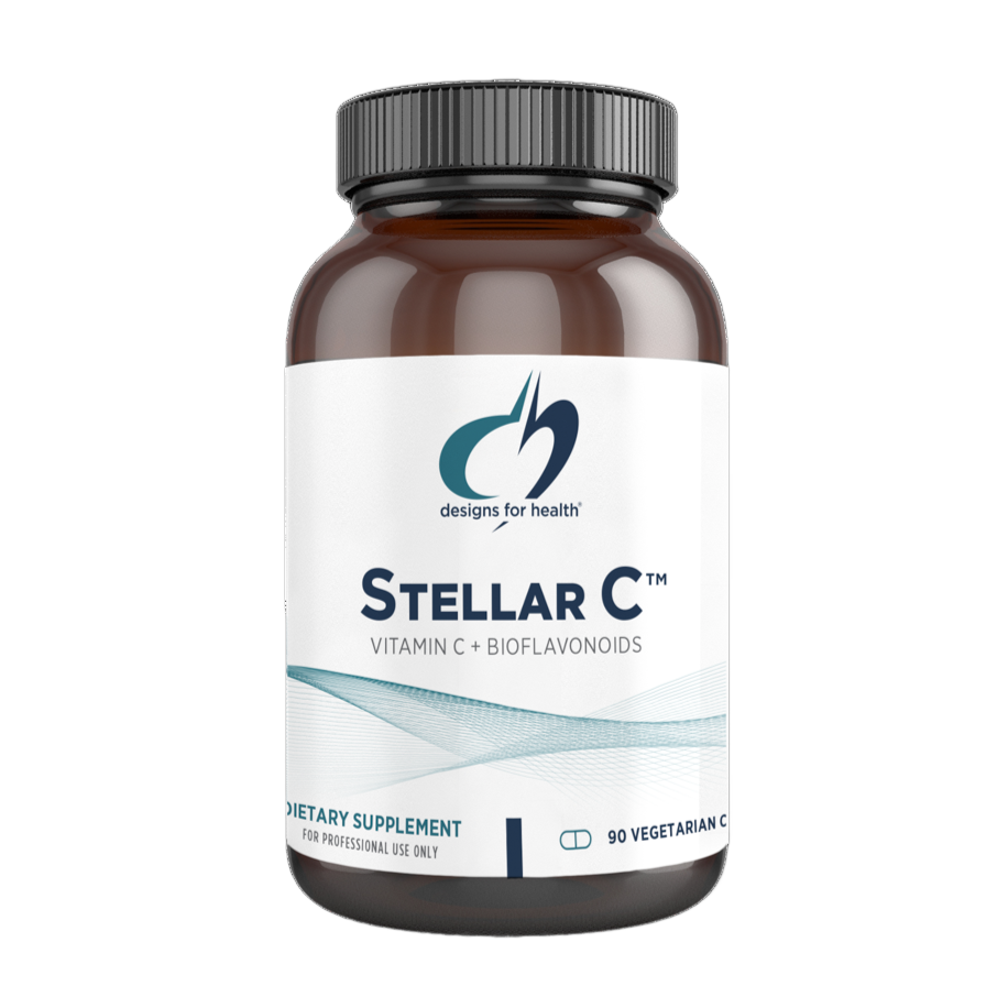 Bottle of Stellar C™ Vitamin C supplement with 90 vegetarian capsules by Designs for Health.