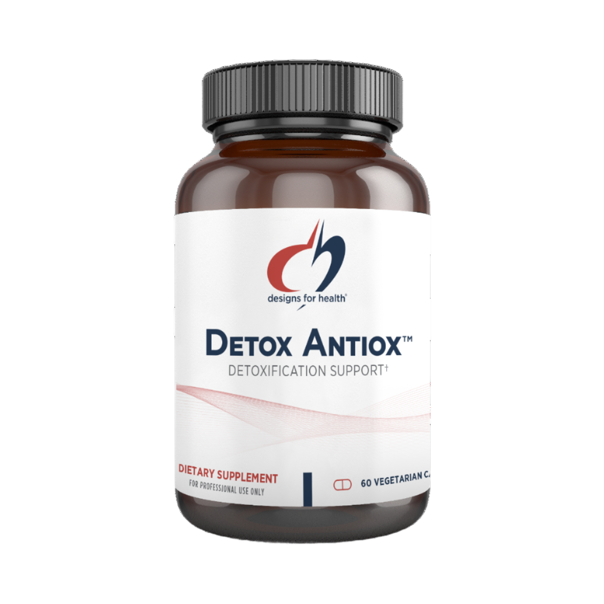 A dark bottle labelled 'Detox Antiox' by Designs for Health on a white background.
