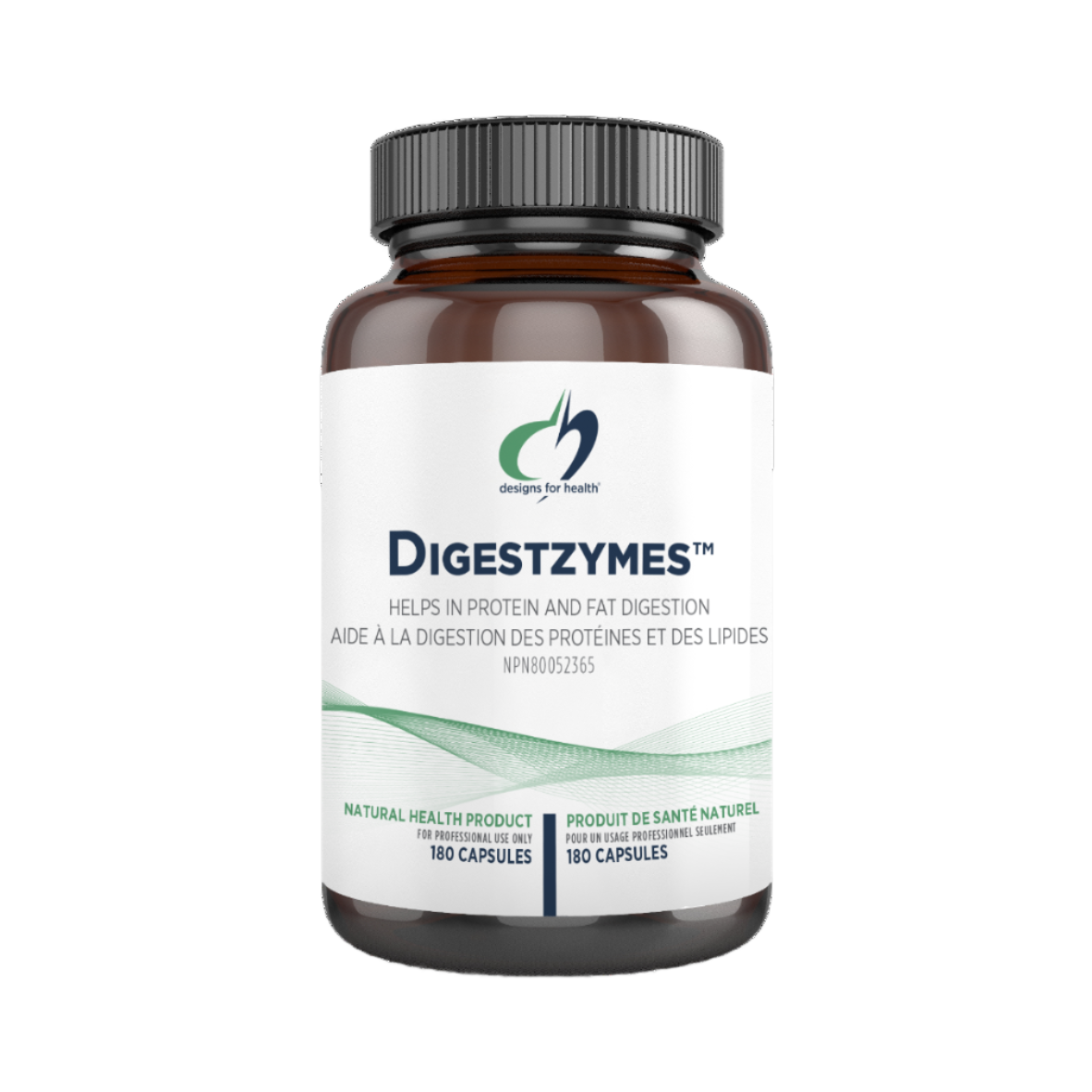 A bottle of Digestzymes dietary supplement with a label that includes the product name and the statement 'Aids in protein and fat digestion with enzymes like protease, lipase, and lactase, along with betaine HCL.'.