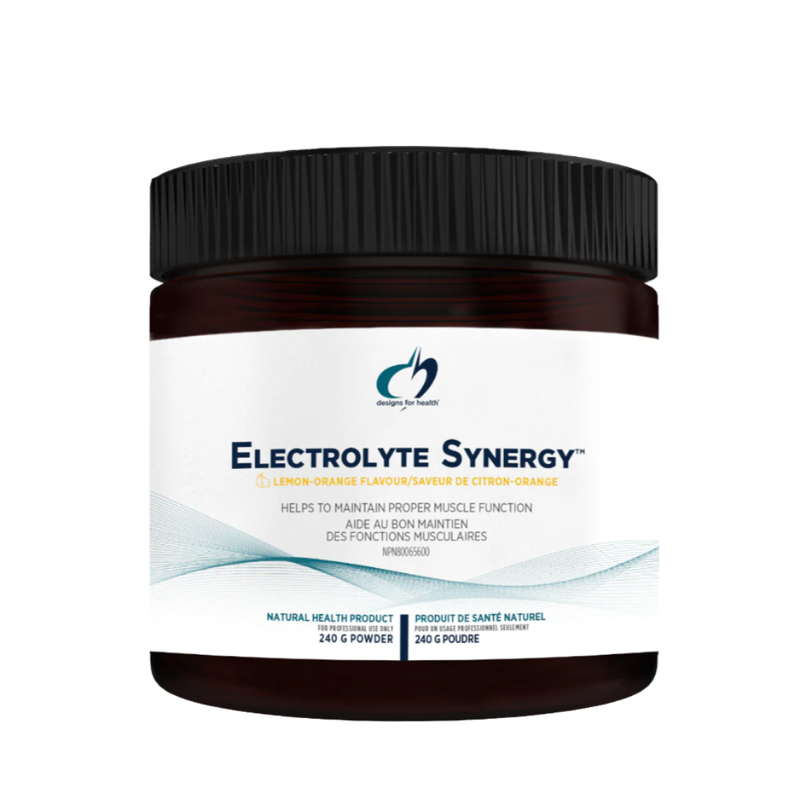 A container of Electrolyte Synergy supplement with lemon-orange flavor, designed for maintaining muscle function, with a label indicating 240g weight and natural health product.