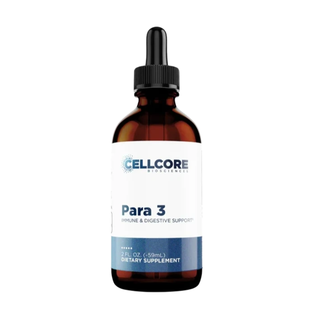 Bottle of Cellcore Para 3 dietary supplement on a white background