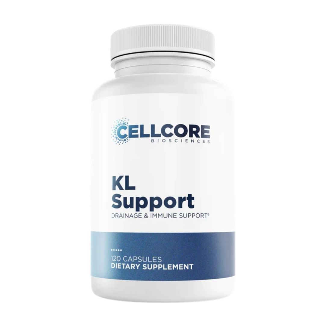 Supplement bottle labeled 'KL Support' by Cellcore Biosciences on a white background