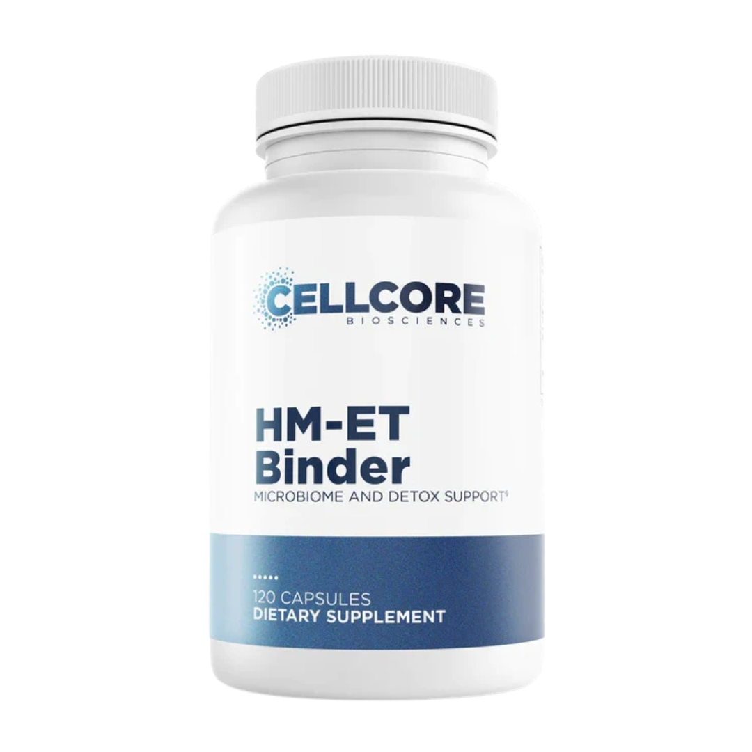 Supplement bottle labeled 'HM-ET Binder' by Cellcore Biosciences on a white background